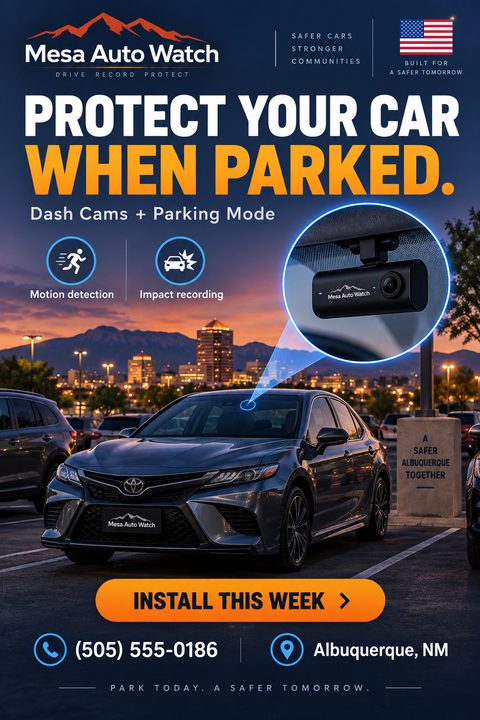 A flyer for dash cam installation featuring a dark grey car parked in a lot at sunset. A circular callout highlights a dash cam mounted on the windshield. Bold white and orange text.