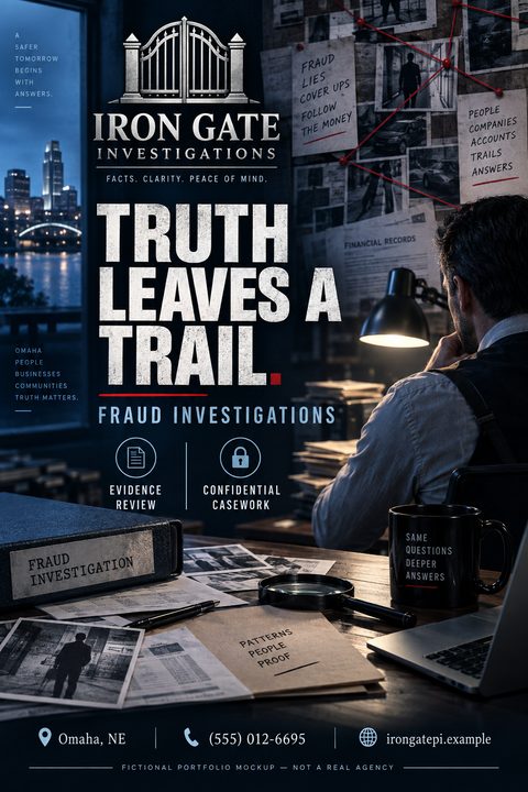 A flyer for Iron Gate Investigations titled 'Truth Leaves A Trail. Fraud Investigations'. The background shows a detective sitting at a desk in a dark office, looking at an evidence board with photos and red string. On the desk are files, a.