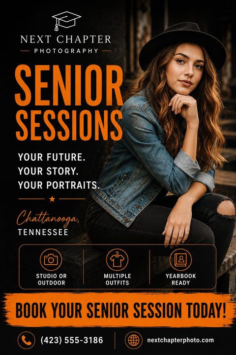 A bold photography flyer for senior sessions featuring a young woman in a denim jacket and hat. The design uses a dark background with vibrant orange text and icons for session details.