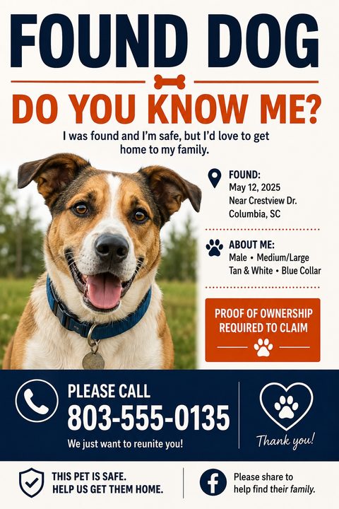 Found Dog flyer template with a large photo of a smiling tan and white dog. Bold text reads 'FOUND DOG' and 'DO YOU KNOW ME?'. Includes sections for where the dog was found, a description, and a large phone number.