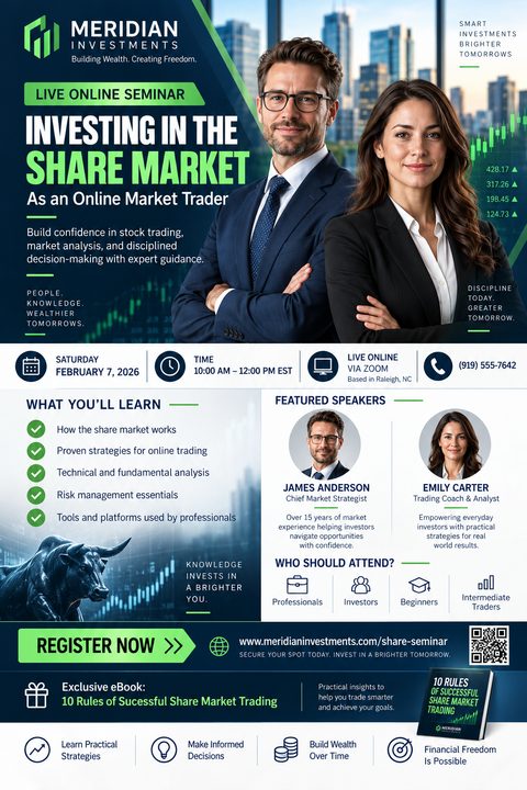 A professional corporate flyer for an investment seminar featuring a blue and green color scheme, photos of two business professionals, a charging bull graphic, event details, speaker bios, and a registration QR code.