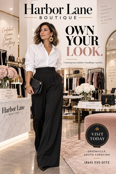 A fashion boutique flyer featuring a woman in a white shirt and black pants holding a black handbag, standing in a well-lit, modern clothing store. Text reads 'Harbor Lane Boutique', 'Own Your Look', and 'Visit Today'.