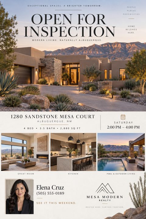 Real estate open house flyer featuring a large photo of a modern desert home at twilight, three smaller photos of the interior and pool, property details, and a real estate agent's headshot and contact information.