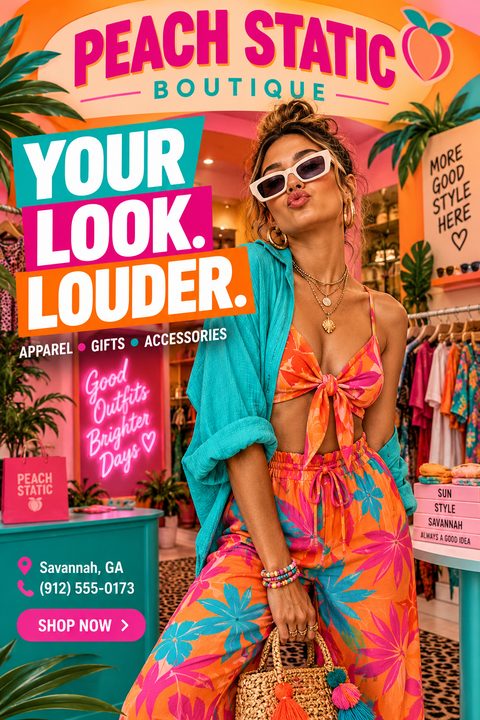 A vibrant fashion boutique flyer featuring a woman in bright, tropical clothing. Bold, colorful text blocks read 'Your Look. Louder.' over a lively store background with neon signs and clothing racks.