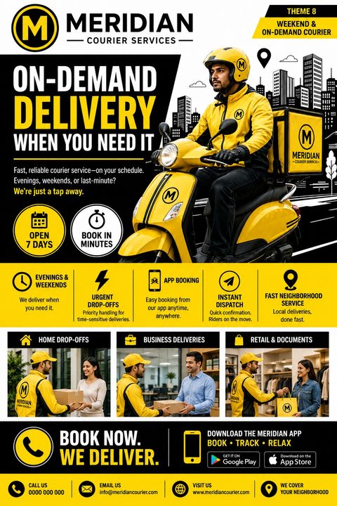 A flyer for Meridian Courier Services featuring a man on a yellow scooter in a city. The flyer highlights on-demand delivery, app booking, and services for home, business, and retail.