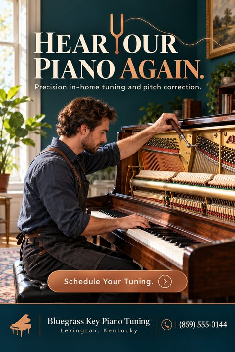 A piano tuning flyer with a dark teal background. A large photo shows a man tuning an upright piano. Elegant serif text reads "Hear Your Piano Again" with a copper tuning fork graphic.