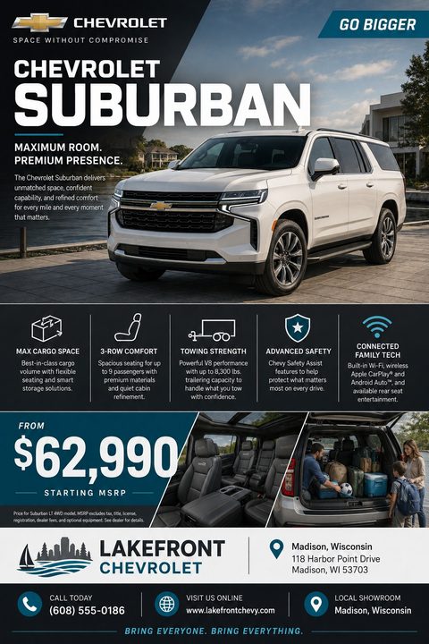 A car dealership flyer featuring a large white SUV parked near water. Below the main image are five icons highlighting features like cargo space and safety. The bottom section shows the starting price, interior photos, and dealership contact details.