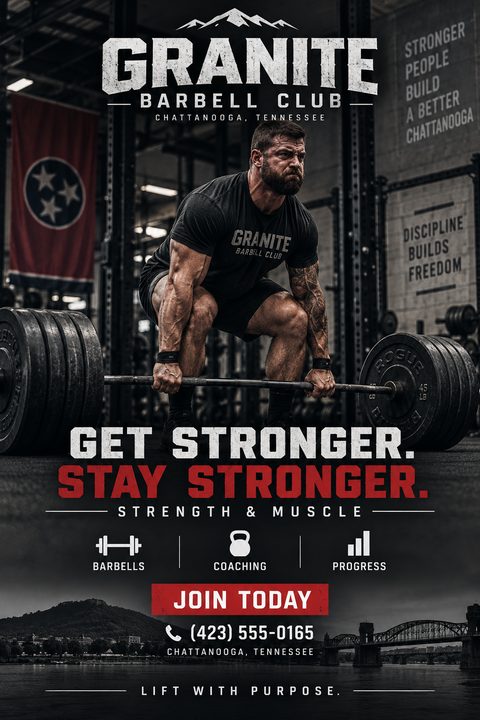 A gritty, dark-themed gym flyer featuring a muscular man deadlifting a heavy barbell. Bold white and red text promotes strength and muscle coaching, with a city skyline silhouette at the bottom.