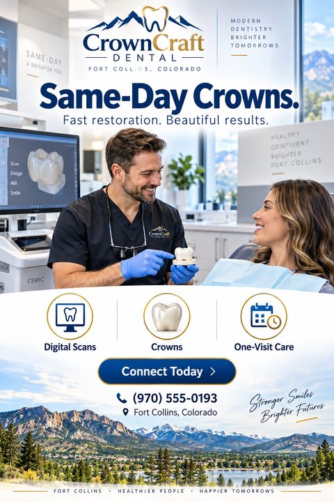 A dental flyer featuring a dentist showing a crown model to a smiling patient. Below are icons for digital scans, crowns, and one-visit care, set against a scenic mountain landscape background.