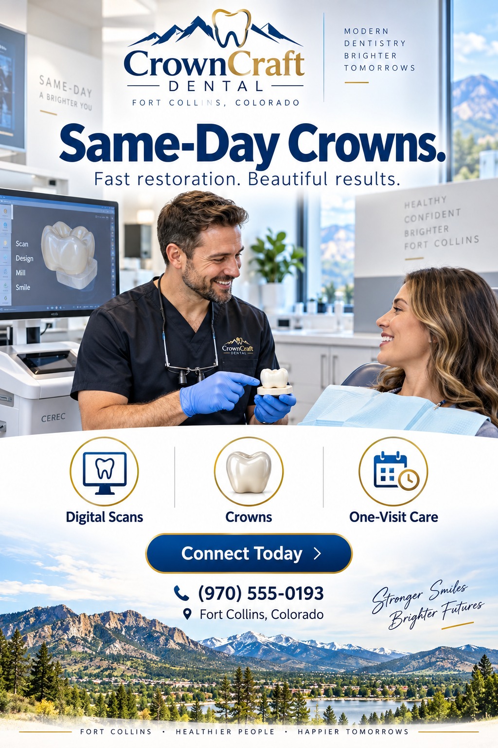 A dental flyer featuring a dentist showing a crown model to a smiling patient. Below are icons for digital scans, crowns, and one-visit care, set against a scenic mountain landscape background.