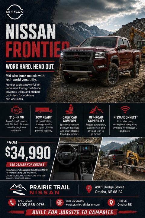 A rugged auto dealership flyer featuring a red pickup truck in a mountainous setting, highlighting features like a 310-HP V6 engine, towing capacity, and a starting price of $34,990.