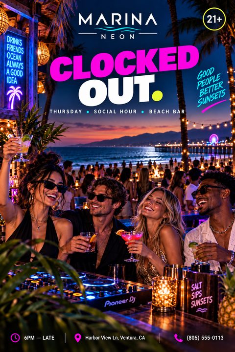 Flyer for a beach bar social hour featuring a photo of four young adults laughing and holding cocktails at a bar with a DJ setup. The background shows a crowded beach at sunset with a pier and Ferris wheel. Bold neon pink and white text reads.