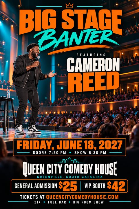A vibrant comedy show flyer featuring a large photo of a comedian on stage. Bold orange and teal text highlights the event name, date, venue, and ticket prices against a dark background.