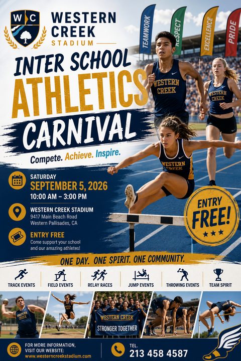 Flyer for an Inter School Athletics Carnival. Features a large photo of a female athlete hurdling, with other runners behind her. Below are icons for track, field, relay, jump, and throwing events, plus a collage of smaller photos showing various.