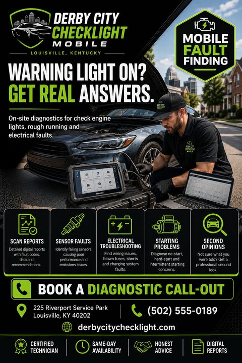 Flyer for a mobile mechanic service. A mechanic uses a diagnostic tablet on a car with the hood open. Text reads 'Warning light on? Get real answers.' and lists services like scan reports and electrical troubleshooting.