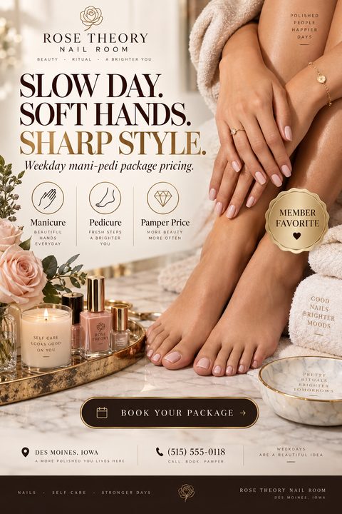 A flyer for Rose Theory Nail Room advertising weekday mani-pedi package pricing. The background shows a woman's manicured hands resting on her legs, and pedicured feet next to a tray with a candle and nail polish.