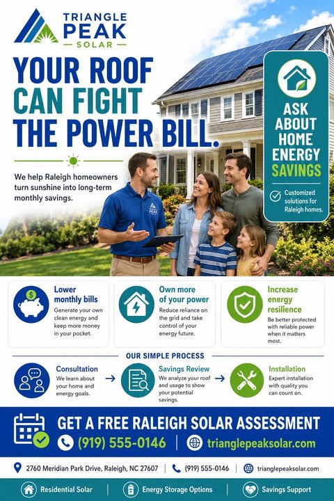 Flyer for Triangle Peak Solar with a photo of a solar representative talking to a family in front of a house with solar panels. Text reads 'Your roof can fight the power bill.' Includes icons for benefits and a simple process timeline.