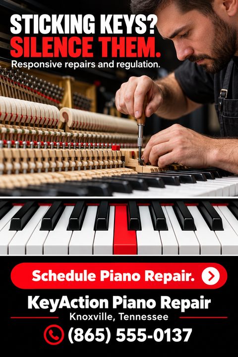 Flyer for piano repair services. Top half shows a technician working on the inside of a piano. Below is a keyboard with one red key. Text reads 'Sticking keys? Silence them. Responsive repairs and regulation.' Bottom has a red button 'Schedule Piano.
