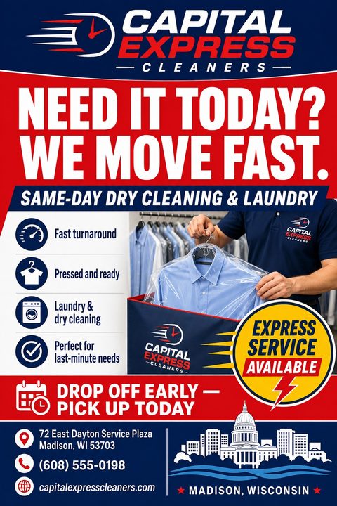A bold red, white, and blue flyer for a dry cleaning service. It features a photo of a person holding a dry-cleaned shirt, a list of benefits with icons, and a yellow 'Express Service Available' badge.