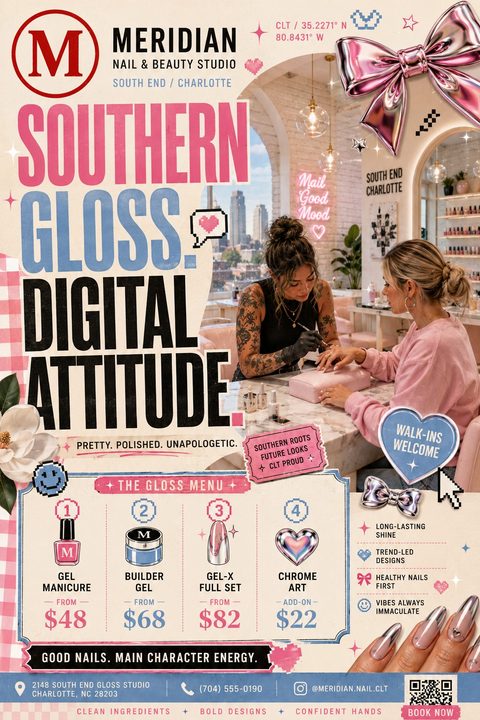 A trendy nail salon flyer with a Y2K collage aesthetic. It features a photo of a manicurist working, pixel art icons, metallic bows, and a price menu for gel and chrome nail services.