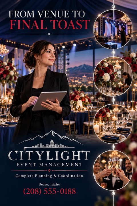 A navy blue event management flyer featuring a woman holding a tablet in a decorated venue. Four circular inset photos show venue setup, floral arrangements, table settings, and a champagne toast.