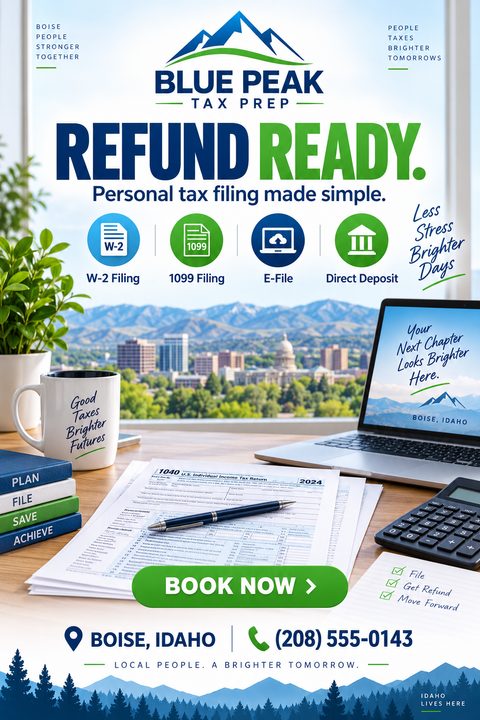 Tax preparation flyer template with a desk scene showing a 1040 tax form, pen, calculator, laptop, coffee mug, and books. Text reads 'Refund Ready. Personal tax filing made simple.' with icons for W-2, 1099, E-File, and Direct Deposit.