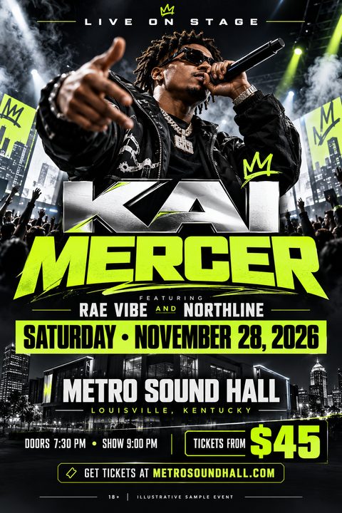 A high-energy concert flyer featuring a rap artist performing on stage, bold metallic and neon green typography, and a black-and-white photo of a music venue at the bottom.