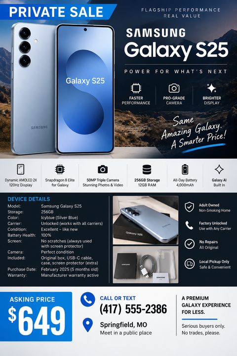 A flyer advertising a private sale of a smartphone. The top half features a large image of a blue phone against a mountain background with text highlighting its features. The bottom half includes a detailed list of device specifications, smaller.