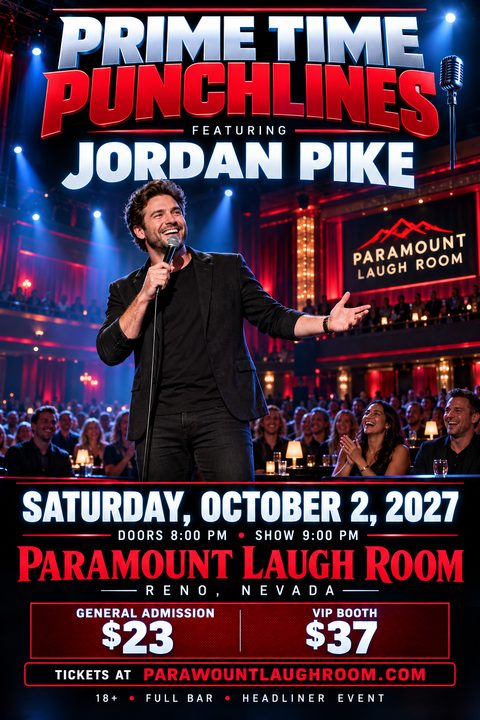 Flyer for a comedy night featuring a photo of a comedian on stage with a microphone, a laughing audience, and bold red and blue text for the event details.