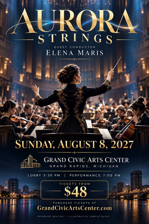 A classical music concert flyer featuring a female conductor leading an orchestra in a grand hall. Elegant gold text on a dark navy background displays event details above a nighttime city skyline.