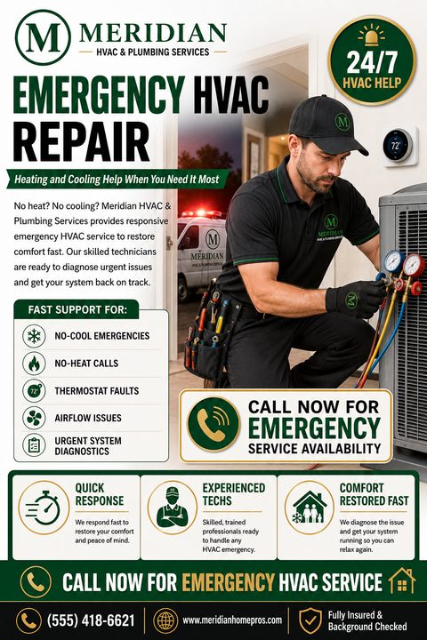 Flyer template for Emergency HVAC Repair featuring a technician working on an AC unit, a list of services, and a call to action for 24/7 help.