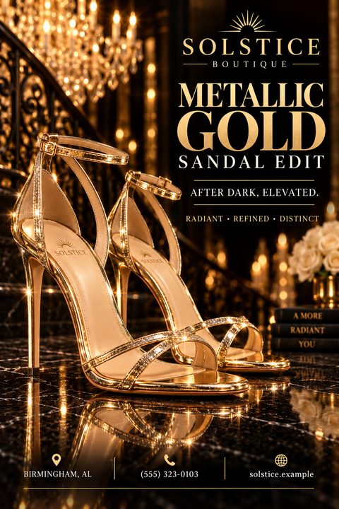 A flyer for Solstice Boutique's Metallic Gold Sandal Edit, featuring a pair of sparkly gold high-heeled sandals on a reflective black marble floor with a blurred background of a grand staircase and chandeliers.