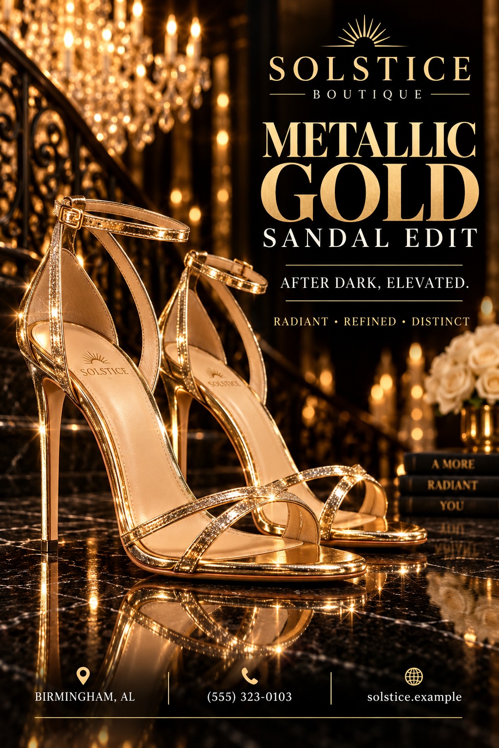 A flyer for Solstice Boutique's Metallic Gold Sandal Edit, featuring a pair of sparkly gold high-heeled sandals on a reflective black marble floor with a blurred background of a grand staircase and chandeliers.