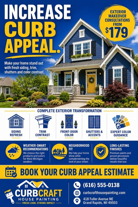 A bold blue and yellow flyer for exterior house painting. It features a large photo of a blue house with a yellow door, service icons, and a call to action for an estimate.