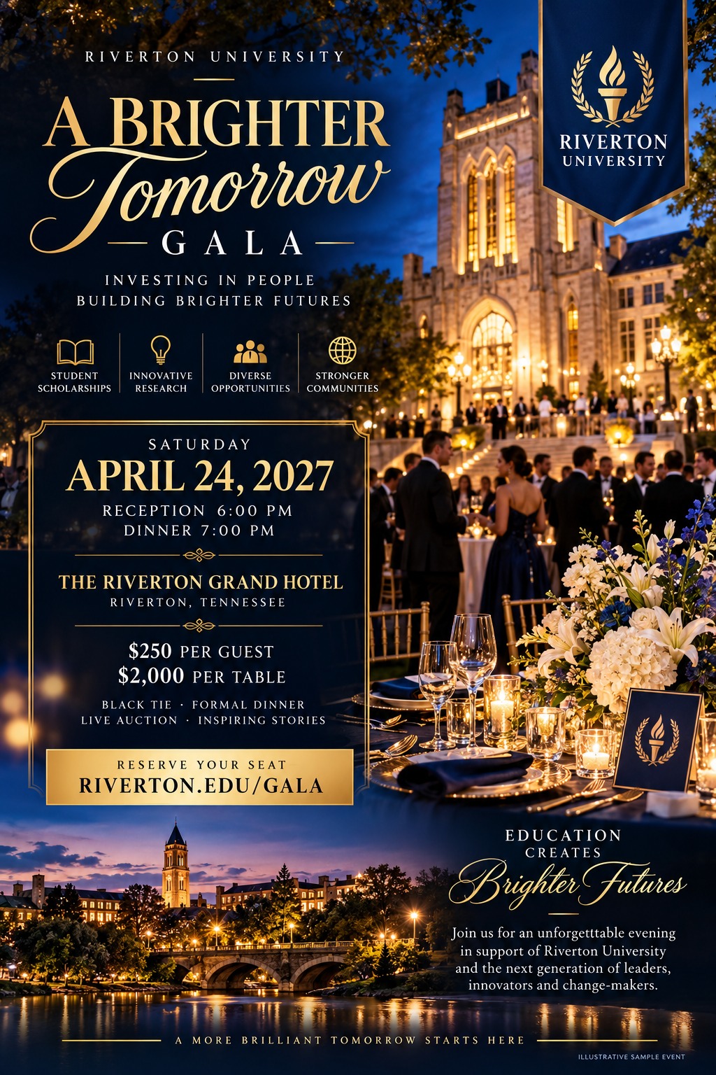 Elegant navy blue and gold fundraising gala flyer featuring twilight photos of a university campus and a formal outdoor dinner setting. Includes event details, ticket prices, and a call to action.