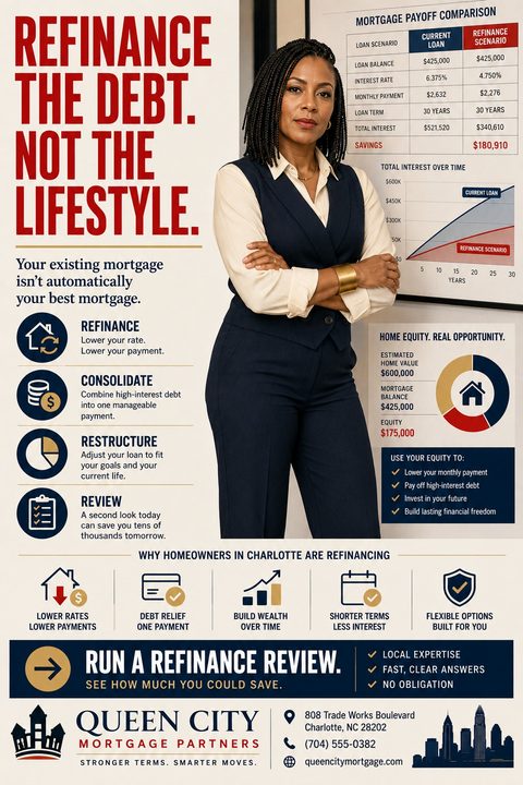 A mortgage refinance flyer featuring a professional woman standing next to a mortgage payoff comparison chart and home equity graph. The design uses navy blue, red, and cream with informational icons.