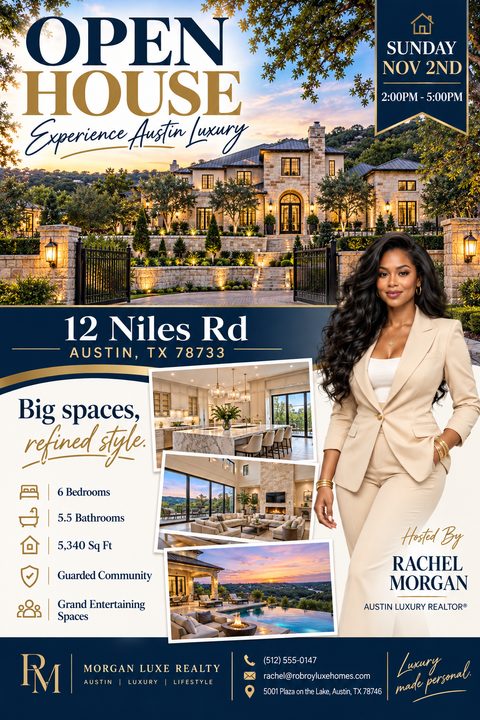 Real estate open house flyer with a large photo of a luxury mansion at sunset, three smaller interior and exterior photos, a photo of a female realtor, and text detailing the property features and open house date.