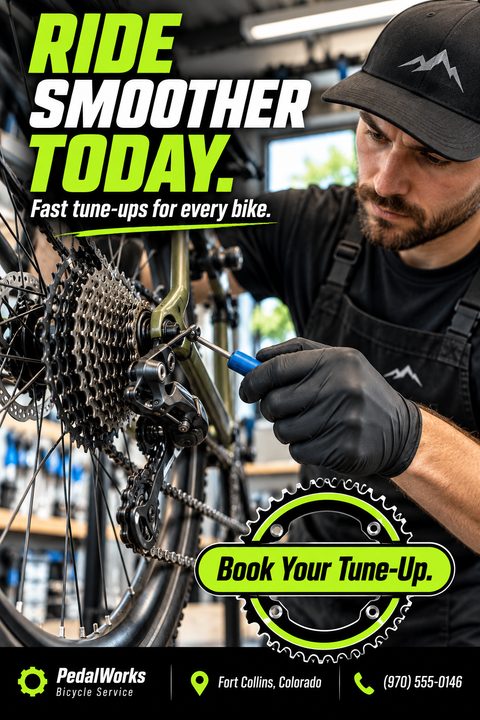 A bicycle mechanic in black gloves works on a bike's rear gears. Bold neon green and white text reads 'Ride Smoother Today' above a chainring graphic with a tune-up booking button.