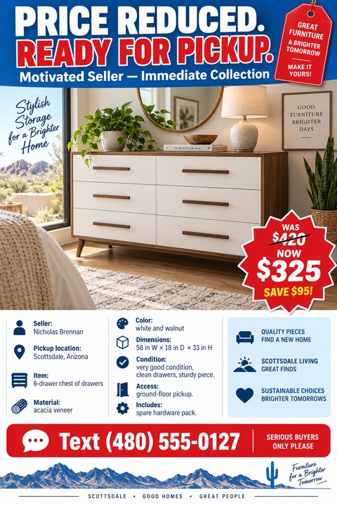Flyer for a price-reduced 6-drawer chest of drawers. Bold blue and red header says 'Price Reduced. Ready for Pickup.' Features a large photo of the dresser, a red price tag showing a discount, and detailed item specifications below.