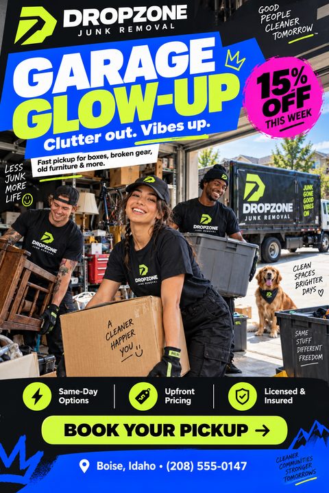 A bold junk removal flyer with bright blue and neon green text over a photo of a smiling team carrying boxes and furniture out of a garage. A pink circle highlights a 15% discount.