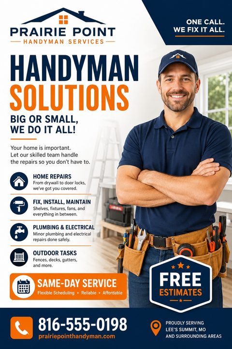 A professional handyman services flyer in navy blue and orange, featuring a smiling repairman with a tool belt, a list of services with icons, and a prominent free estimates badge.
