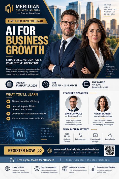 A professional corporate webinar flyer in dark blue and gold. It features a large photo of two business executives, event details, learning objectives, speaker headshots, and a registration QR code.