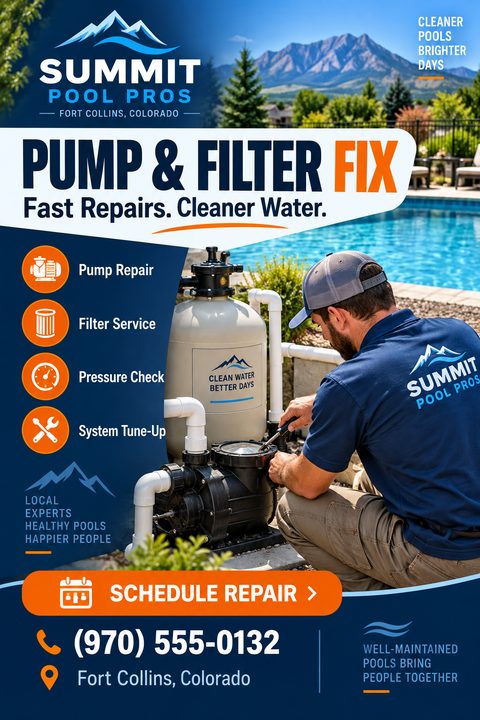 Flyer for Summit Pool Pros offering Pump & Filter Fix services. Features a photo of a technician working on a pool pump, a list of services like Pump Repair and Filter Service, and contact information.