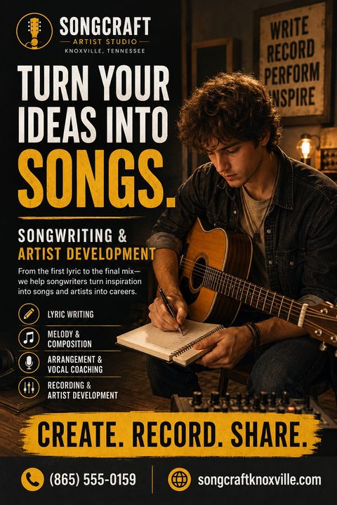 Flyer for Songcraft Artist Studio with a photo of a young man playing acoustic guitar and writing in a notebook. Text reads 'Turn your ideas into songs. Songwriting & Artist Development.'