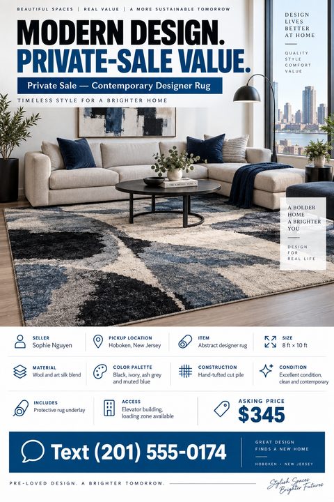 Flyer for a private sale of a contemporary designer rug. Features a large photo of a living room with the rug, and a grid below detailing seller, location, item, size, material, color, construction, condition, includes, access, and asking price of.