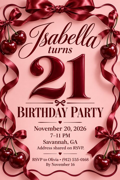 A pink birthday party invitation flyer framed by elegant dark red satin ribbons, bows, and glossy cherries. The center features large, shiny red text for a 21st milestone birthday and event details.