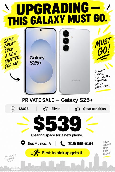 A bold private sale flyer for a smartphone featuring bright yellow highlight strokes, large black text, front and back photos of a silver phone, and a light gray city skyline silhouette at the bottom.