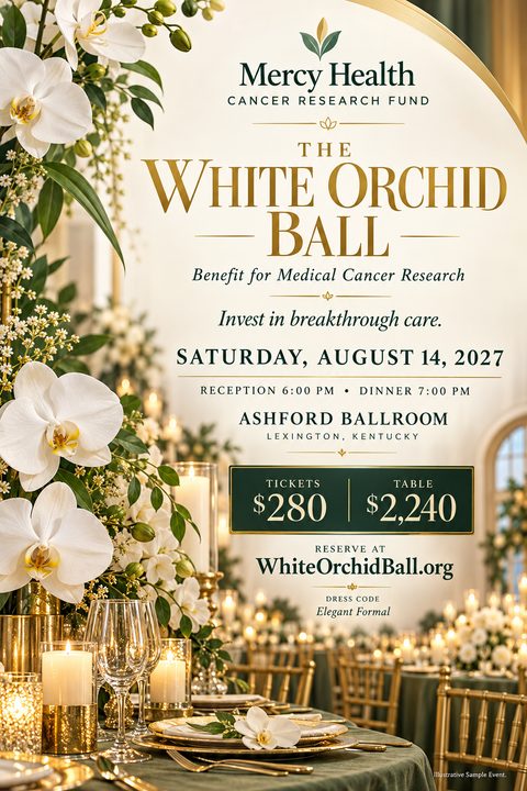 Elegant formal charity gala flyer template featuring a beautifully set dining table with gold chairs, candles, and white orchids. Text includes event details, ticket prices, and a website for reservations.