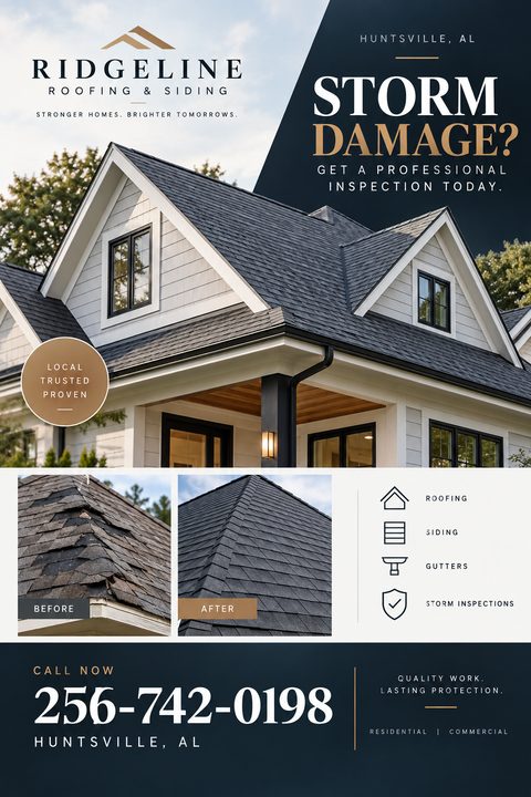 Roofing and siding flyer template with a large photo of a house with a new roof, before and after photos of roof repair, and text offering storm damage inspections.
