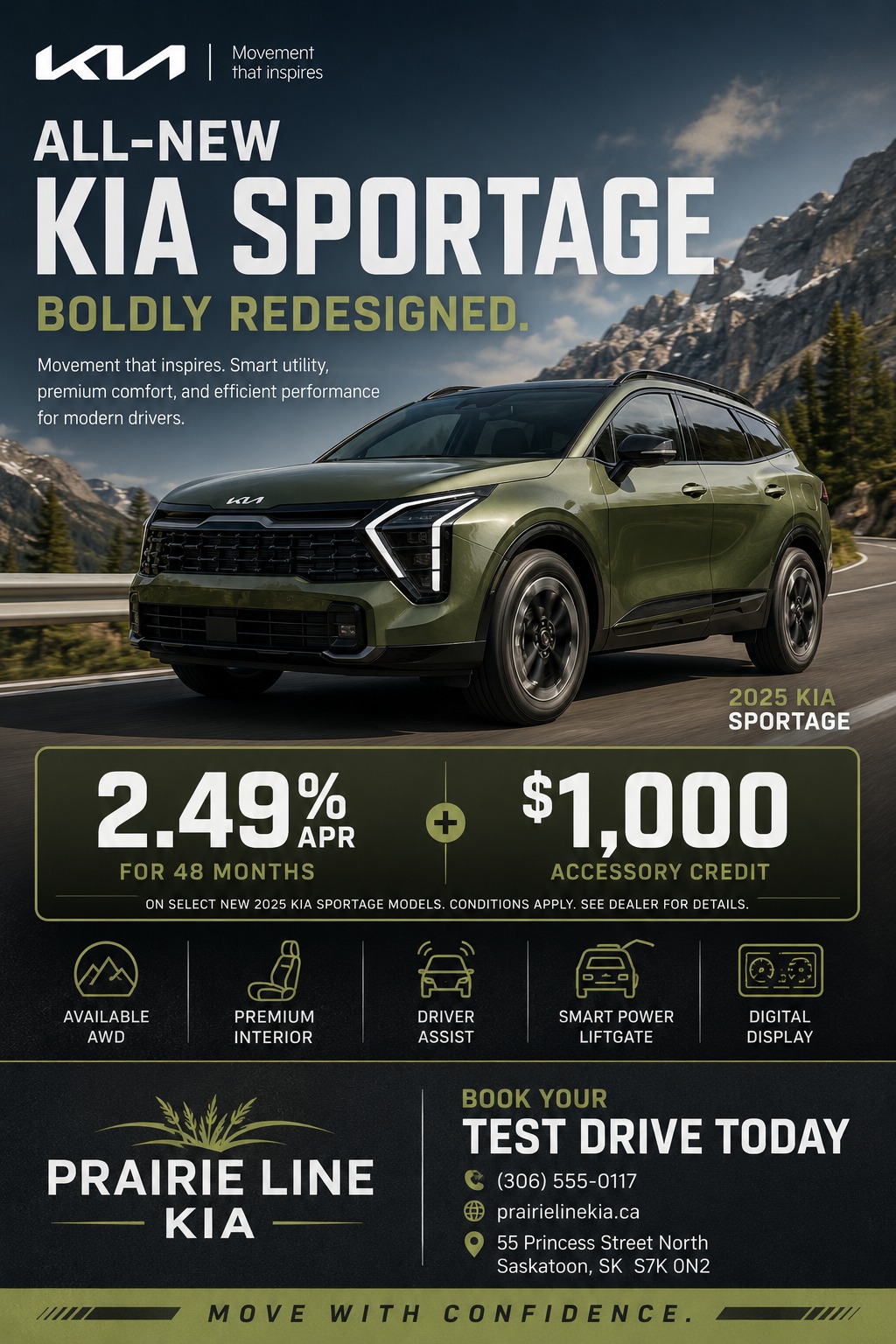 A sleek car dealership flyer featuring a green SUV driving on a mountain road. It includes bold promotional text, financing details, feature icons, and dealership contact information on a dark background.